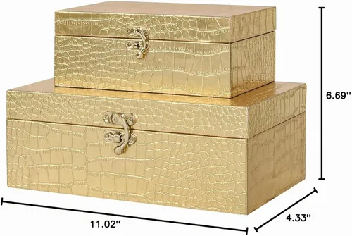 Vista 8 de Juego de 2 cajas de almacenamiento decorativas de madera, cuero de cocodrilo dorado con cierre para el hogar, cocina, sala de estar, regalo ideal