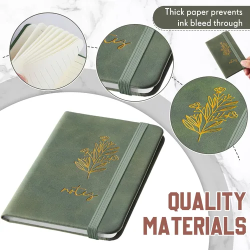 Vista 3 de Qeeenar Paquete de 10 cuadernos de bolsillo de cuero de tapa dura, mini diarios rayados de 4 x 2.5 pulgadas, diseño de hojas doradas, 50 hojas