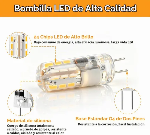 Vista 3 de Bombilla LED G4 de 12 V (CA/CC) 2 W - Blanco cálido 2700 K, no regulable, base de dos pines, paquete de 10 – Reemplazar bombillas halógenas de 10