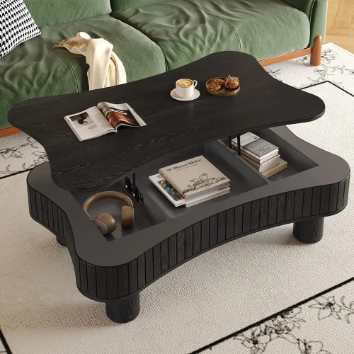 Vista 24 de Mesa de Centro Cuadrada de 35.43'' para Sala de Estar Mesa de Centro Acanalada Mesa Central Moderna con Pedestal para Apartamento Negro