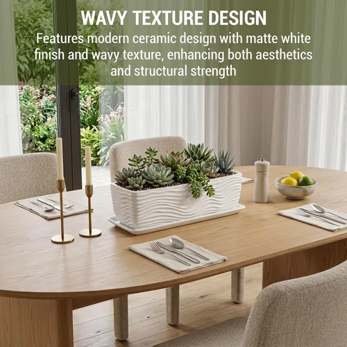 Vista 2 de MyGift Maceta de cerámica de 12.5 pulgadas, moderna maceta rectangular texturizada para suculentas con diseño de ondas y platillo extraíble (blanco)