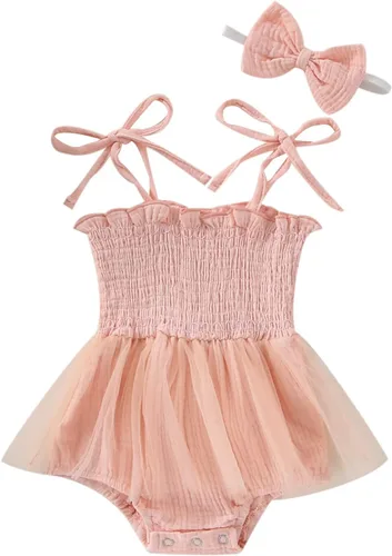 Vista 13 de Body sin mangas para bebé recién nacida con cuello halter y volantes, mameluco enterizo con diadema, conjunto de ropa de verano Albaricoque