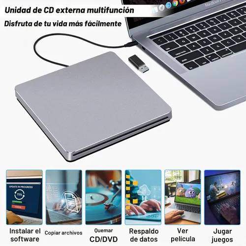 Vista 6 de Unidad de CD externa para Mac: USB C reproductor de grabadora de DVD SuperDrive para portátil Windows Apple Plug & Play Copia de seguridad de datos