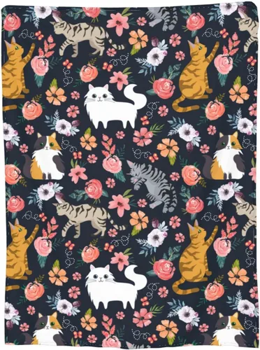 Vista 2 de Manta de flores de gato, suave, cálida, ligera, acogedora manta de felpa para cama, sofá, oficina, decoración de regalos para niños y mujeres, 50 x