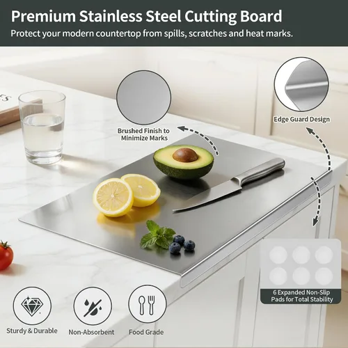 Vista 2 de Tabla de cortar de acero inoxidable para cocina, tabla de cortar de metal con mostrador de labios, apta para lavavajillas, tabla de cortar