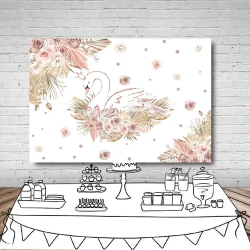 Vista 4 de MEHOFOND Telón de fondo bohemio de cisne, hierba de las pampas, color oro rosa, para baby shower, fiesta, fotografía, fondo de fotografía de flores
