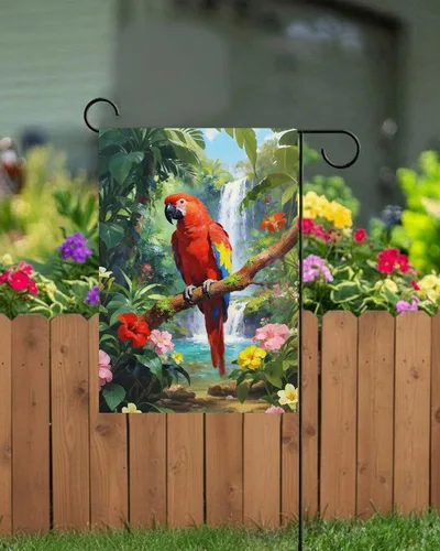 Vista 4 de Bandera de jardín con diseño de pájaros, loro y guacamayo, flores en verano, primavera, bosque tropical, jardín, patio, 12 x 18 pulgadas, banderas