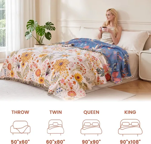 Vista 166 de MSGKV - Manta bohemia/primaveral de algodón para sofá y sala de estar, de gasa acogedora, de 50 x 60 pulgadas 50"x60" Cotton Throw, Woven Bird