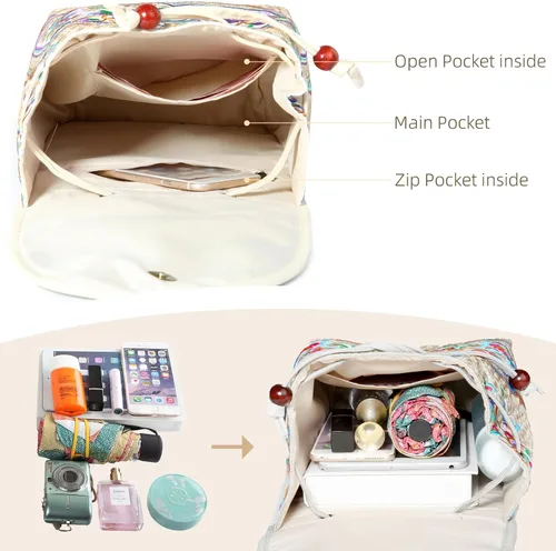 Vista 5 de Goodhan Mochila bordada vintage para mujer, bolso de viaje étnico, beige-rojo, Mochilas Daypack