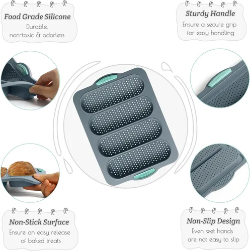 Vista 4 de Sartén para pan de baguette, sartén antiadherente de silicona de grado alimenticio, bandeja para hornear pan francés perforado de 4 cavidades