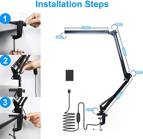 Vista 5 de Lámpara de escritorio LED para el hogar, oficina, lectura, luz de escritorio ajustable con abrazadera, lámpara de brazo oscilante incluye 3 modos