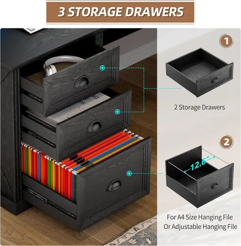 Vista 5 de FREDEES Escritorio en forma de L con soporte móvil y luces LED, escritorio de 59 pulgadas estilo granja para oficina en casa con cajón para Negro