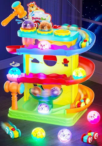 Vista 7 de Funwee Pista de bola rodante y coche de carreras de 2 en 1 para niños pequeños, pista de carreras con luz martillo y bola de caída, juego