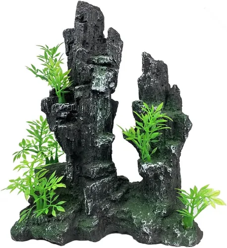 Vista 7 de Adorno de piedra para acuario con vista a la montaña, árbol de cueva de roca, decoración de acuario para peceras para peceras pequeñas, 7.5 pulgadas