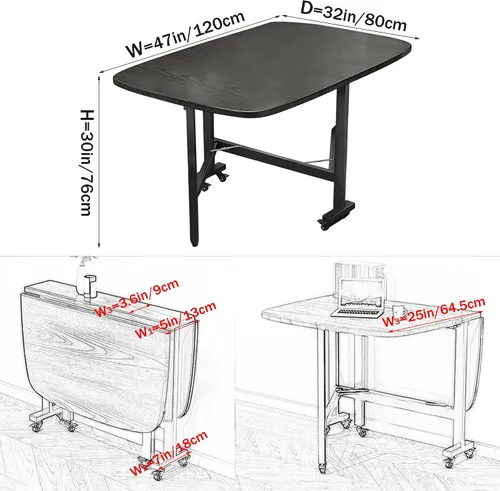 Vista 3 de Mesa Multifuncional de Hoja Abatible - Mesa de Comedor Plegable de 47" de Madera con 6 Ruedas (Negro)