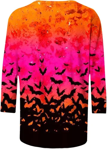 Vista 5 de Camisetas de Halloween de manga 34 para mujer, con estampado gráfico divertido, cuello redondo, blusas cómodas, informales, a la moda