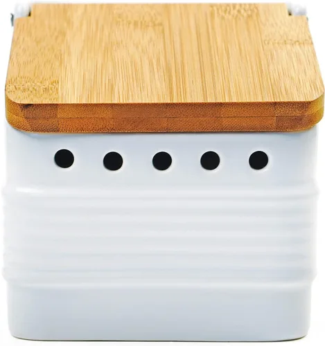 Vista 2 de RSVP International Colección de cocina de gres blanco, guardián de ajo de gres, 4.5x4x4.5