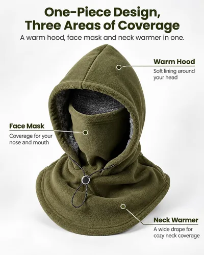 Vista 5 de 3-in-1 Winter Hat, Flannel Balaclava Face Mask with Neck Cover Green