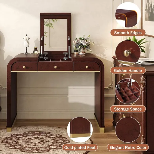 Vista 4 de Escritorio clásico con espejo abatible, tocador 3 en 1 con 2 cajones y espacio de almacenamiento para dormitorio, pasillo, sala de estudio, tocador