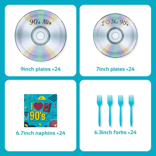 Vista 5 de Vajilla para decoración de fiestas temáticas de los años 90, suministros retro para fiestas de cumpleaños de los 90, incluye platos, tenedores