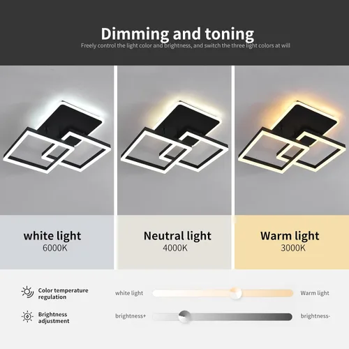 Vista 5 de Garwarm Lámpara de Techo LED Moderna, Regulable de 3 Cabezales Cuadrados Accesorio de Lámpara de Techo con Control Remoto, Candelabro de Techo