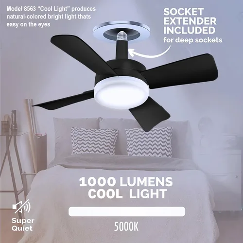 Vista 3 de Bell+Howell Socket Breeze Deluxe, Small Ceiling Fan with LED Light and Remote, Adjustable Speeds and Brightness, Light Socket Fan for Bedroom Negro