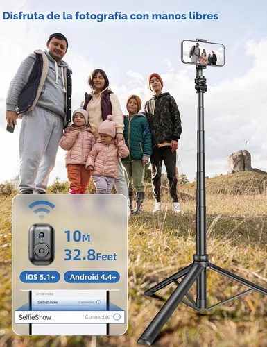 Vista 4 de Trípode de teléfono de 75 pulgadas, palo selfie con control remoto y soporte para teléfono, trípode extensible para iPhone, trípode de aluminio