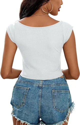 Vista 2 de LYANER Camiseta corta de punto acanalado con cuello cuadrado para mujer, sin mangas, ajustada, color liso