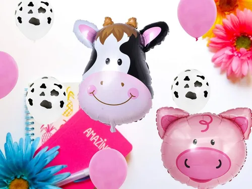 Vista 4 de InBy 18 globos de animales de granja para decoración de fiesta de primer cumpleaños, cabeza de vaca de cerdo, arco de globos con temática