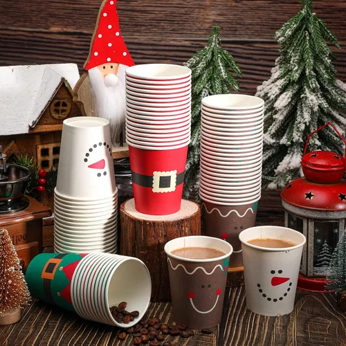 Vista 2 de Funtery 100 piezas de vasos de papel de Navidad, vasos de café desechables de Navidad con copos de nieve, muñeco de nieve, alce, luces, 9 onzas