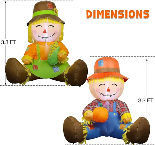 Vista 2 de Lulu Home Decoración inflable de otoño de 3.3 pies, juego de 2 espantapájaros soplados con aire para parejas con luces LED integradas para cosecha