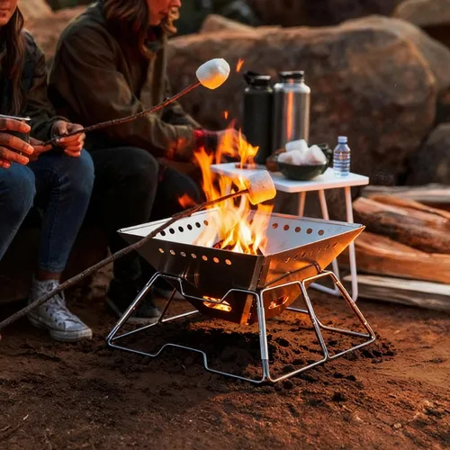 Vista 9 de Fogata portátil con parrilla para campamento, hoguera plegable de alta resistencia con parrilla de fogata y bolsa de transporte para exteriores