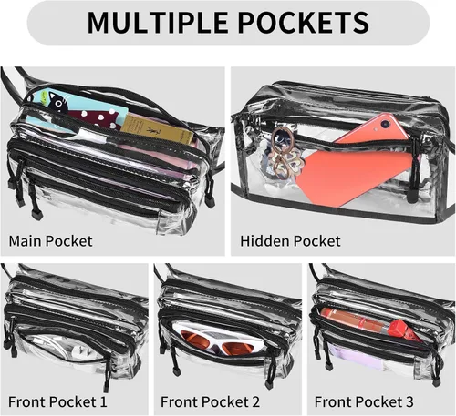 Vista 4 de Riñonera transparente aprobada por estadios para mujeres, para el trabajo, bolsa de cintura multiusos para viajes y eventos deportivos, Negro -, Pvc