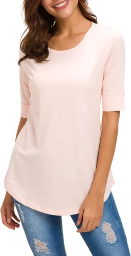 Vista 6 de Camisetas de algodón para mujer, estilo casual, cuello redondo, longitud al codo