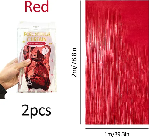 Vista 2 de Cortina de flecos de papel de aluminio rojo, telón de fondo de fiesta de oropel de 3.28 pies x 6.56 pies, 2 serpentinas brillantes para fiestas