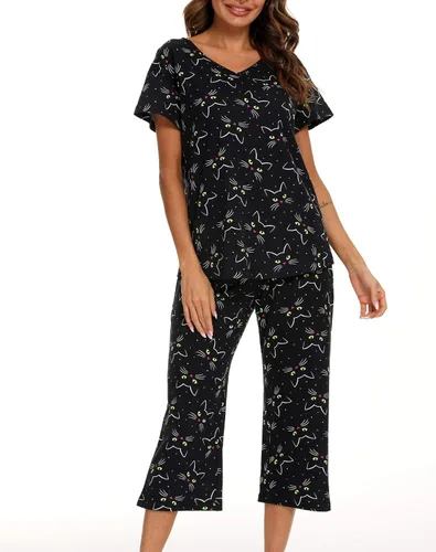 Vista 3 de ENJOYNIGHT Conjuntos de pijama de algodón para mujer, pijamas de verano con pantalones capri, ropa de dormir Gato negro