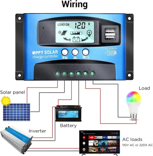 Vista 3 de MPPT Controlador de carga solar 30A 12V/24V Auto, panel solar regulador inteligente con doble puerto USB pantalla LCD para baterías de plomo ácido