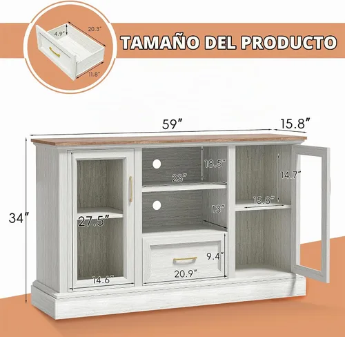 Vista 2 de Soporte de TV de granja para TV de 55/60/65 pulgadas, consola multimedia alta con 2 puertas de vidrio y 3 estantes ajustables, centro