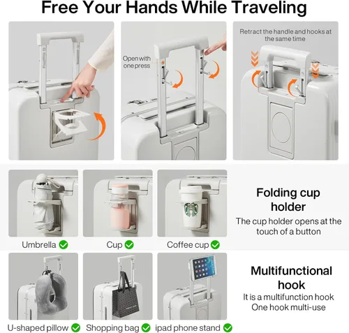 Vista 4 de mixi Equipaje PC Hardside Rolling Maleta con rueda giratoria TSA Lock con soporte para teléfono taza, Blanco ahumado.