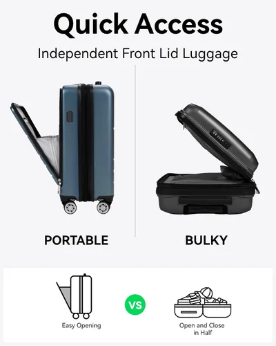 Vista 3 de LUGGEX Maleta de mano con bolsillo frontal, maleta rígida de policarbonato expandible con puerto USB, plateado, Equipaje de mano con compartimento