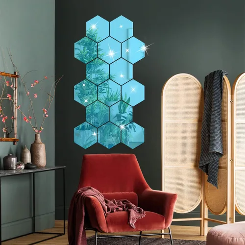 Vista 2 de Juego de 12 calcomanías de pared para bricolaje, espejo hexagonal, para decoración de sala de estar, dormitorio (azul)