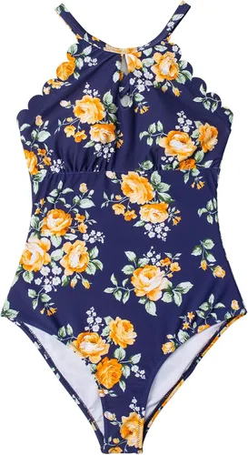 Vista 4 de CUPSHE - Traje de baño de una pieza para mujer, estampado floral, cuello alto, corte festoneado