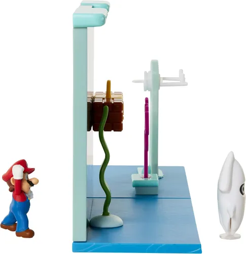 Vista 3 de Super Mario Juego submarino con pieza ambiental interactiva, figura articulada de Mario de 2.5 pulgadas y figura de calamar Blooper. Colecciona
