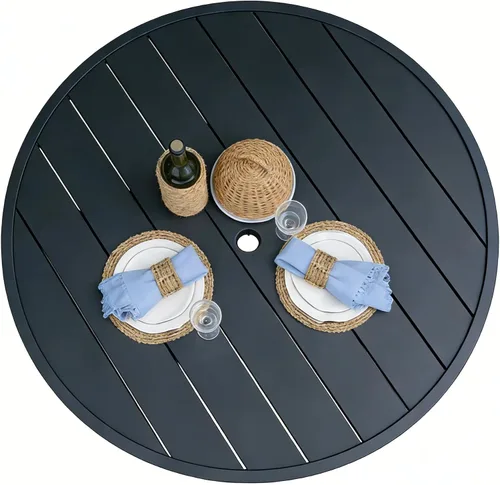 Vista 6 de 60" Round Outdoor Patio Table for 8, Metal Black Dining Table with Adjustable Umbrella Hole, Garden, Backyard & Deck Bistro Table