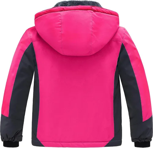 Vista 2 de Wantdo - Chaqueta impermeable para niñas, con capucha, de invierno con forro polar, para la nieve, resistente al agua, ropa exterior Rojo rosa