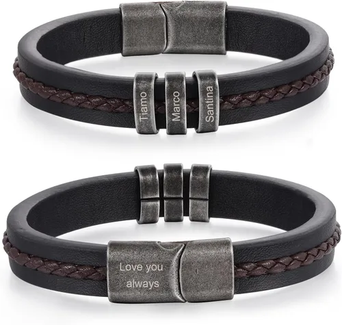 Vista 9 de Pulseras personalizadas con nombre para hombre, pulsera de cuero para hombre con 2-5 nombres de niños, regalos personalizados para papá, esposo, hijo