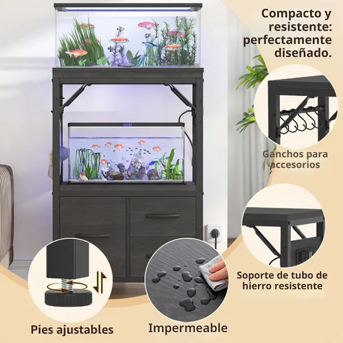 Vista 6 de Heybly Soporte para tanque de peces de 5-10 galones con cajón, toma de Negro
