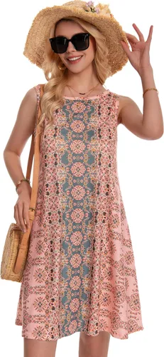 Vista 3 de Vestidos de verano para mujer de playa estilo bohemio, sin mangas, vintage, floral, vaporoso, con bolsillo, camiseta sin mangas, vestidos de verano
