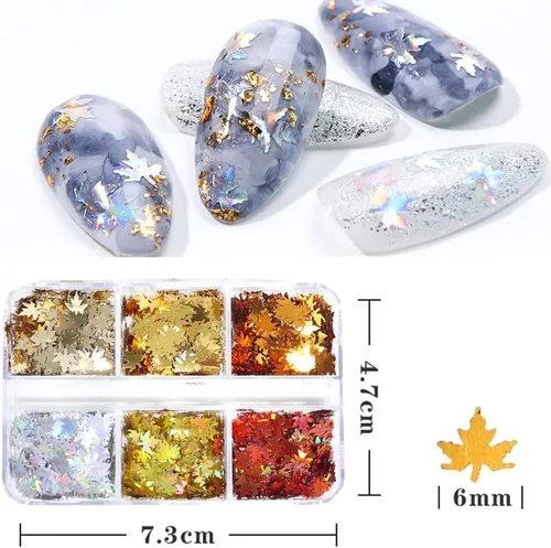 Vista 2 de Juego de manicura con diseño de hojas de arce, con purpurina, holográfica, para otoño, con lentejuelas, para otoño, Acción de Gracias, decoración