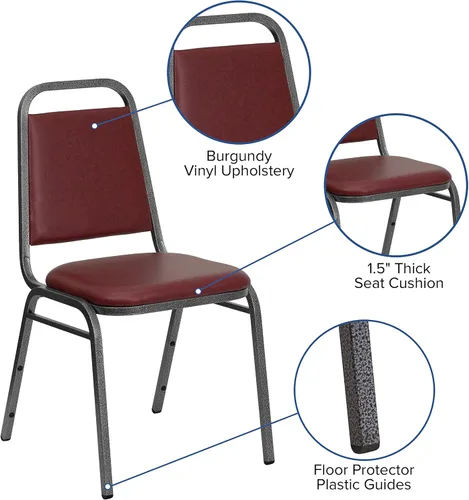 Vista 4 de BizChair Silla apilable trapezoidal, marco de la vena del vinilo de Borgoña/de plata